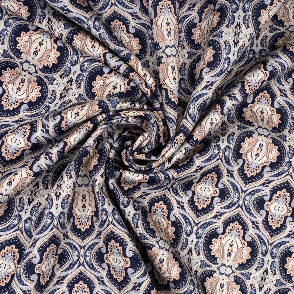 Baumwollsatin Ornament, blau/lachs/kitt